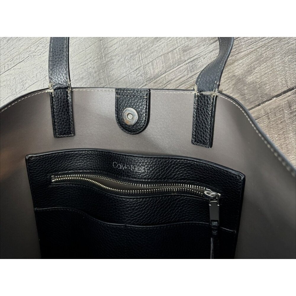 Calvin Klein Tote Bag Handbag Black Faux Leather Inside Pockets with Sash 13x17" - Picture 7 of 11